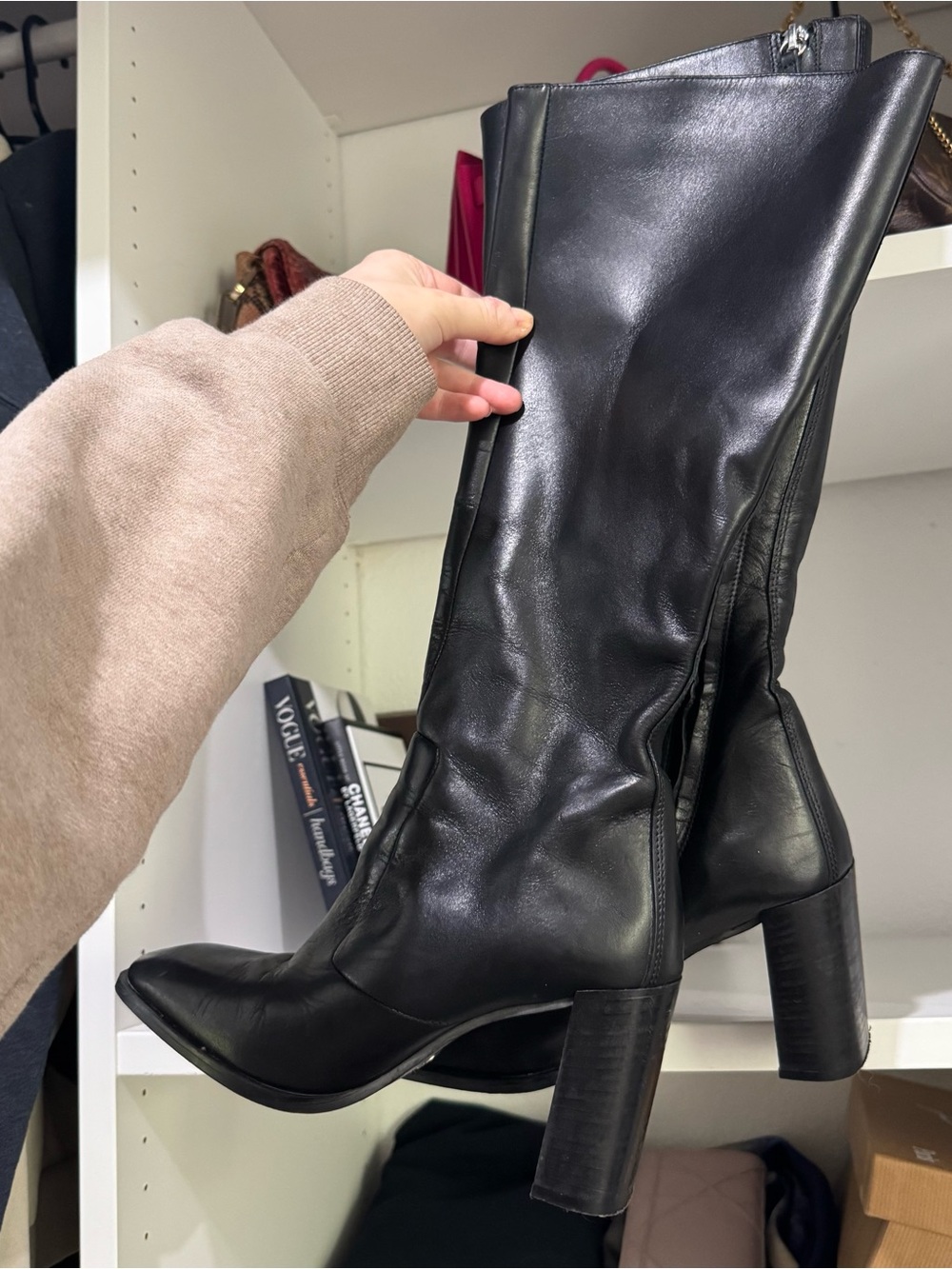 Zara Black Leather Knee-High Block Heel Boots